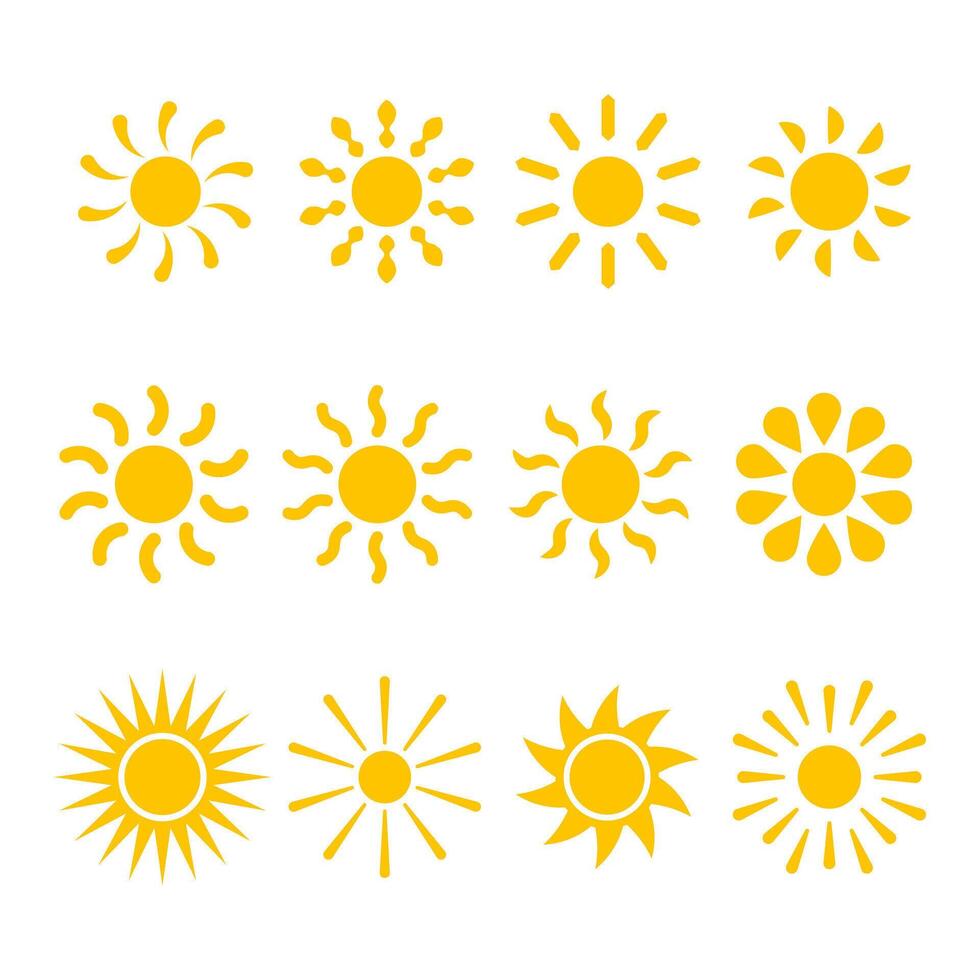 Collection of Decorative Yellow Sun Icons Illustration. Set of decorative sun icons, each crafted in a unique style to bring a sense of warmth, energy and creativity. vector