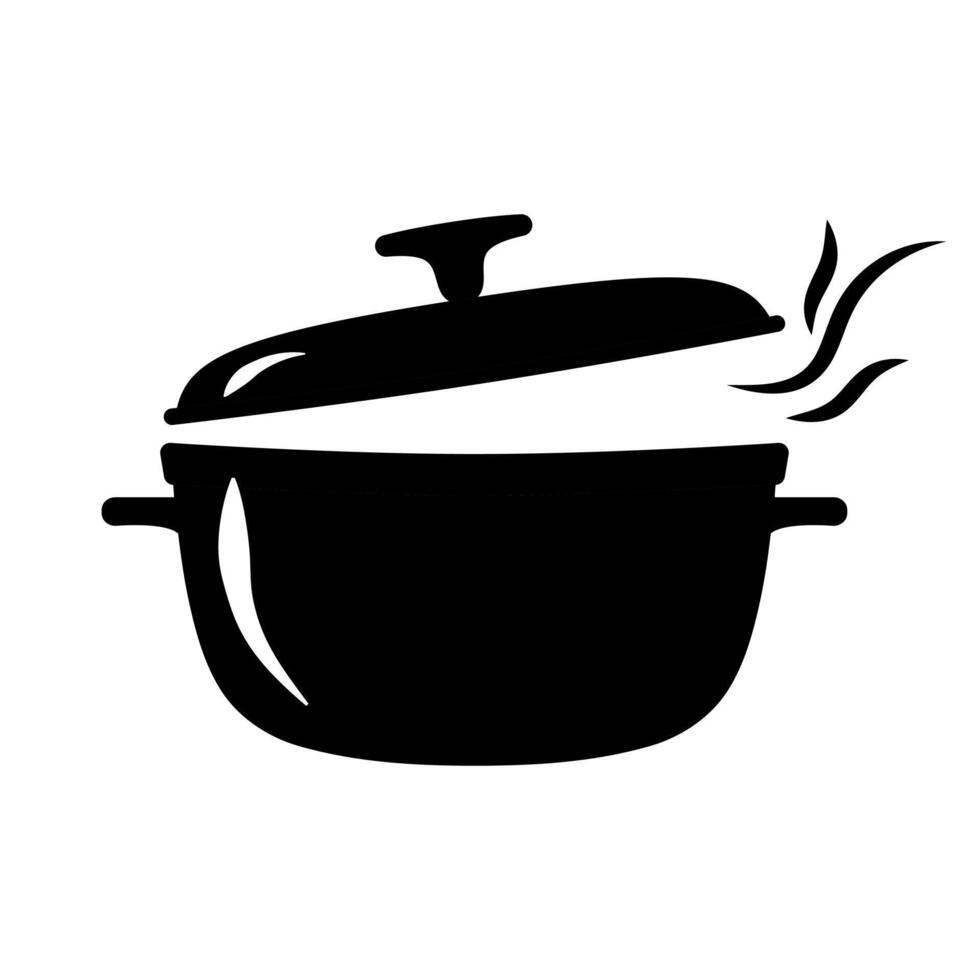 Black Silhouette of a Cooking Pot with Rising Steam. This illustration features a bold black silhouette of a cooking pot with a lifted lid. vector
