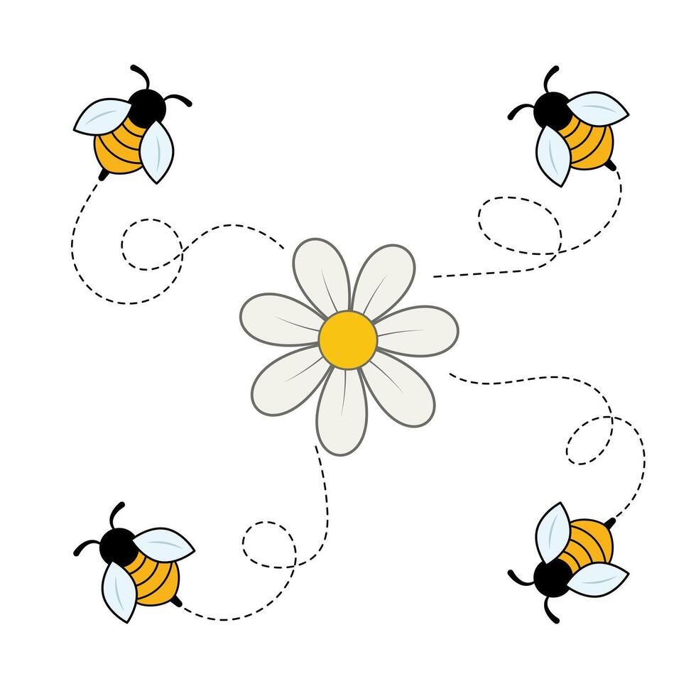 Bees Flying Around a Daisy Flower Illustration. This charming illustration features four adorable bees buzzing playfully around a single daisy flower at the center. vector