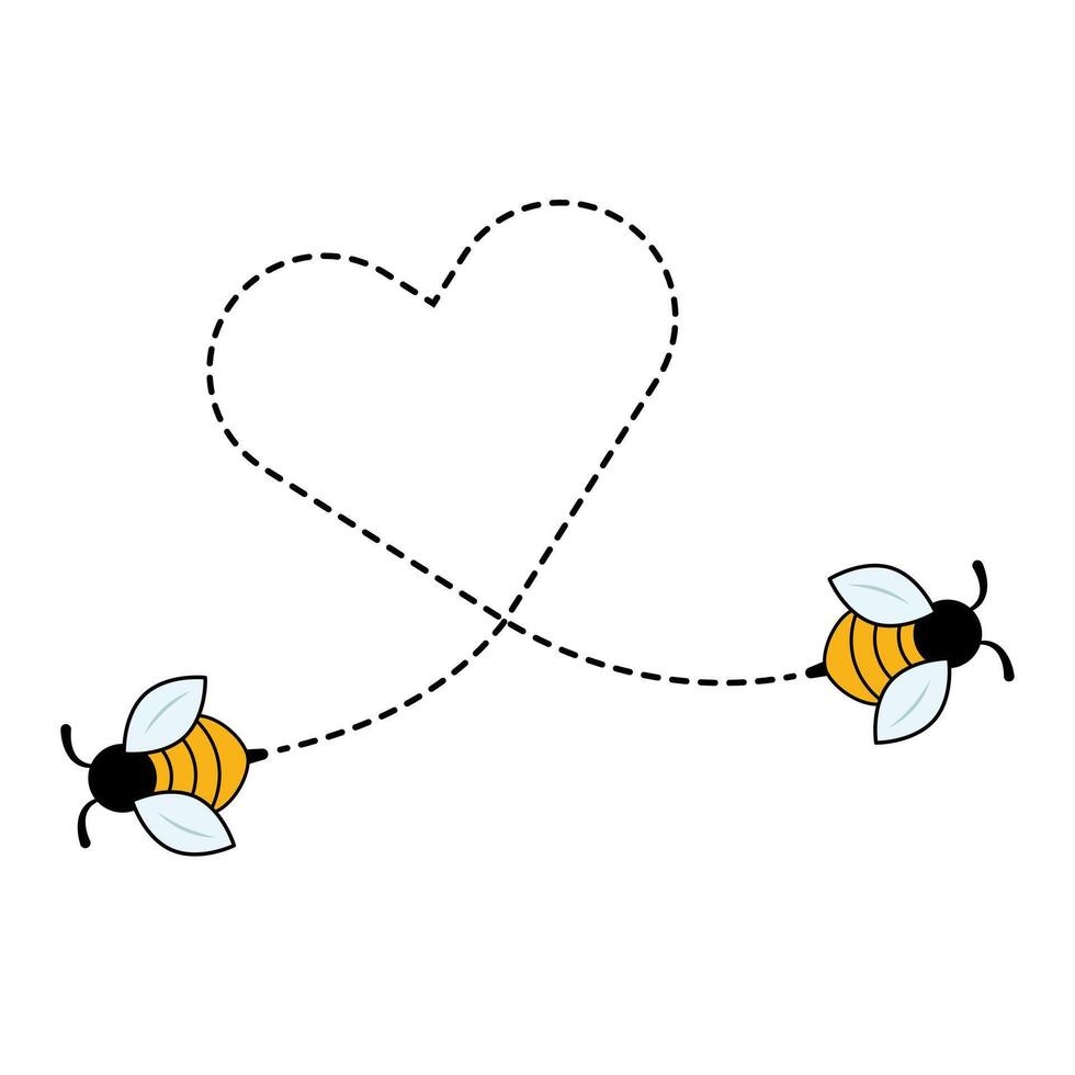 Cute Bees with Heart Flight Path Illustration. A charming illustration featuring two cute bees flying along a dotted line that forms the shape of a heart. vector