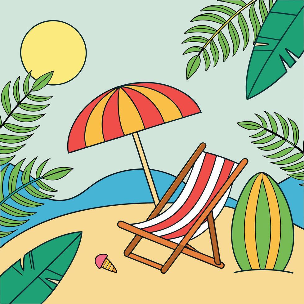 Beach scene with sun umbrella deck chair and surfboard illustration vector