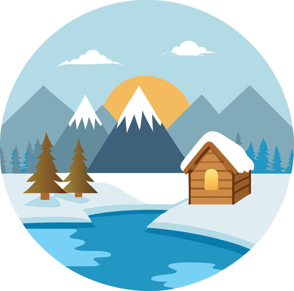 Winter landscape illustration with cabin mountains and trees vector