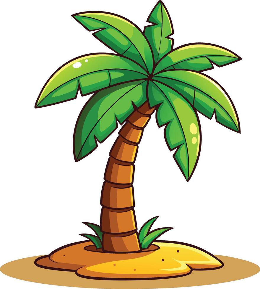 Cartoon Palm Tree on Sandy Island with Green Leaves vector