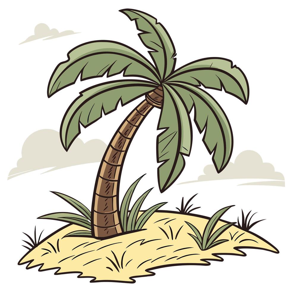Cartoon Palm Tree on Sandy Island with Clouds beach vector