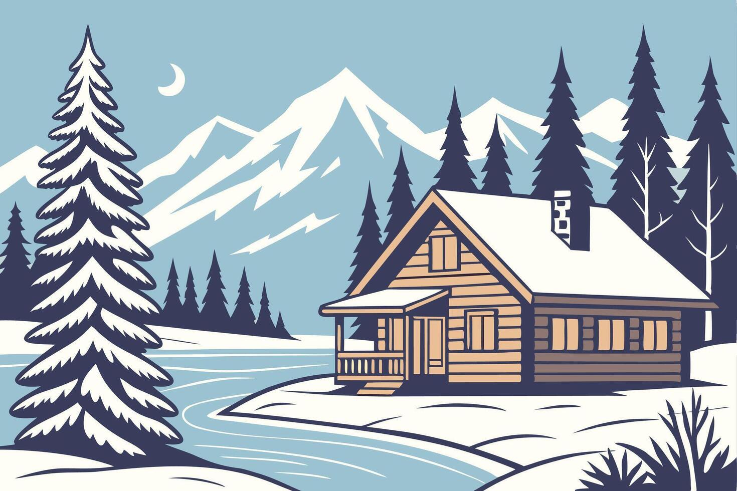 Winter Cabin Scene with Snow Covered Trees Mountains and Crescent Moon vector