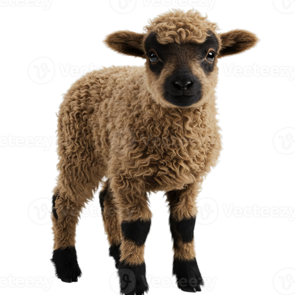 Cute Lamb Standing Alert with Brown Curly Fleece on Transparent Background png