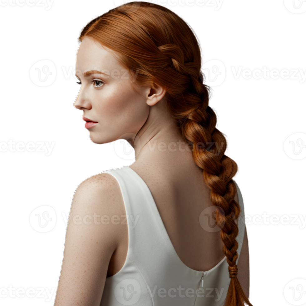 Redhead Woman with Braided Hair in White Dress Profile Against Transparent Background png