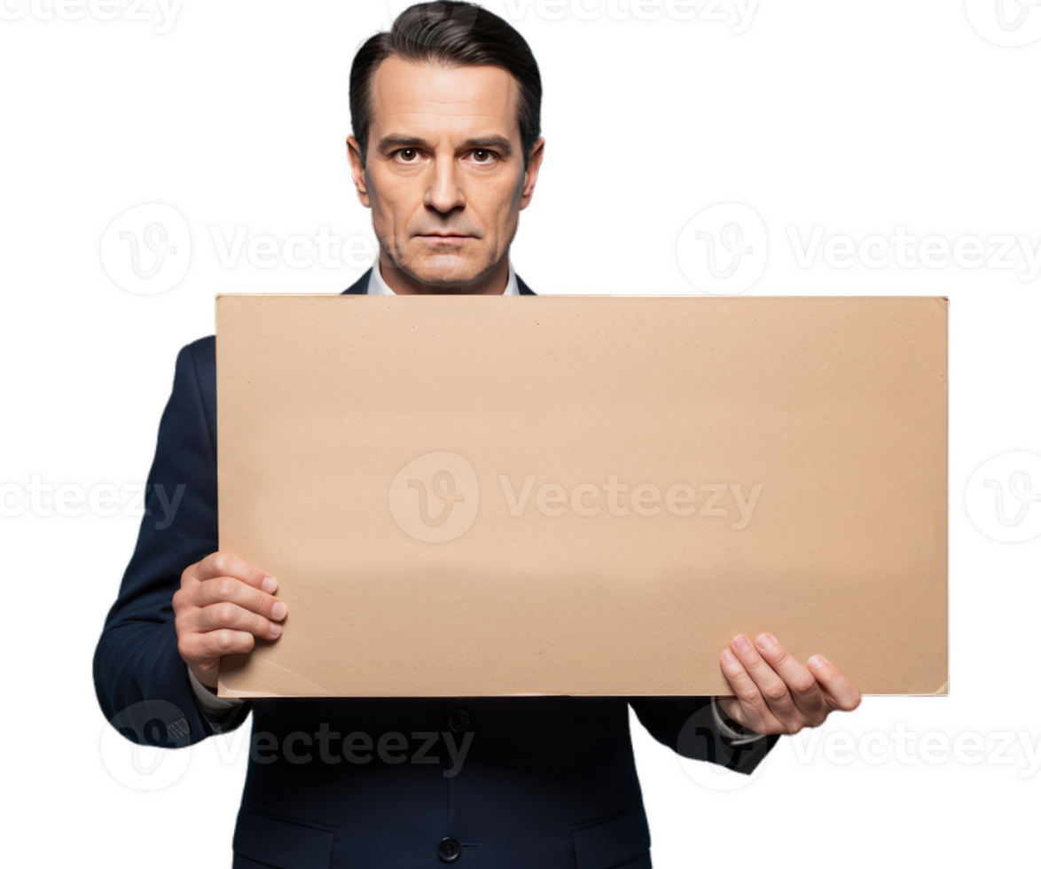 Serious Man Holding Blank Cardboard Sign Isolated on Transparent Background png