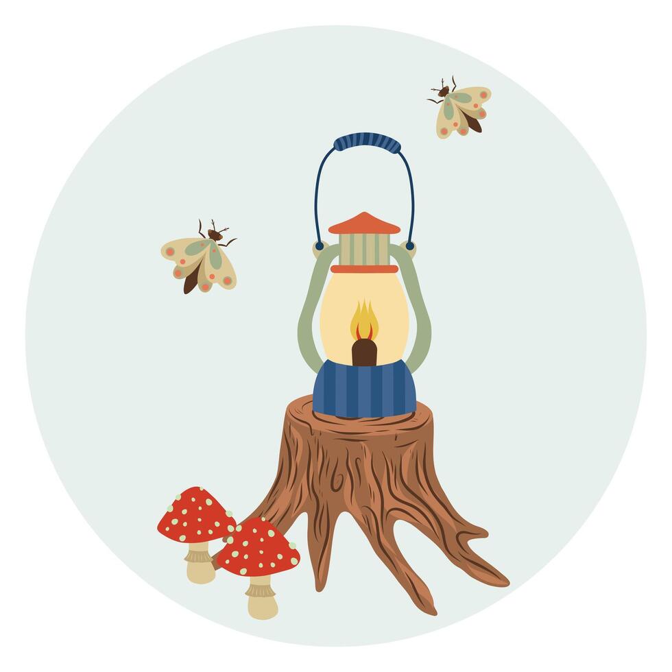 Nature circle composition. Hand drawn camping round icon vector