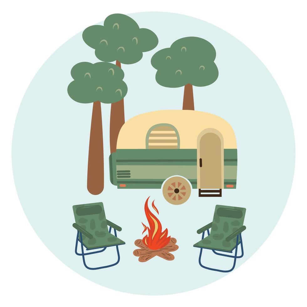 Camping circle composition. Tree, campfire, caravan, folding chair. Hand drawn camping round icon vector