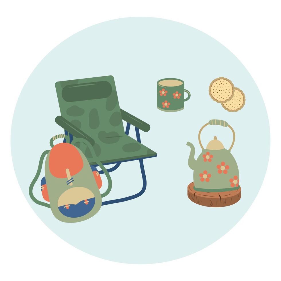 Camping circle composition. Backpack, folding chair, teapot, mug, cookies. Camping round icon vector