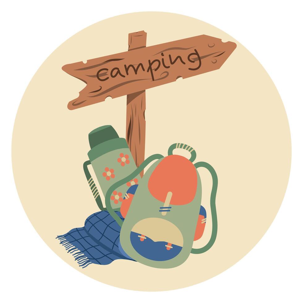 Camping circle composition, thermos, roll blanket, blanket, backpack, directional sign. Camping round icon vector