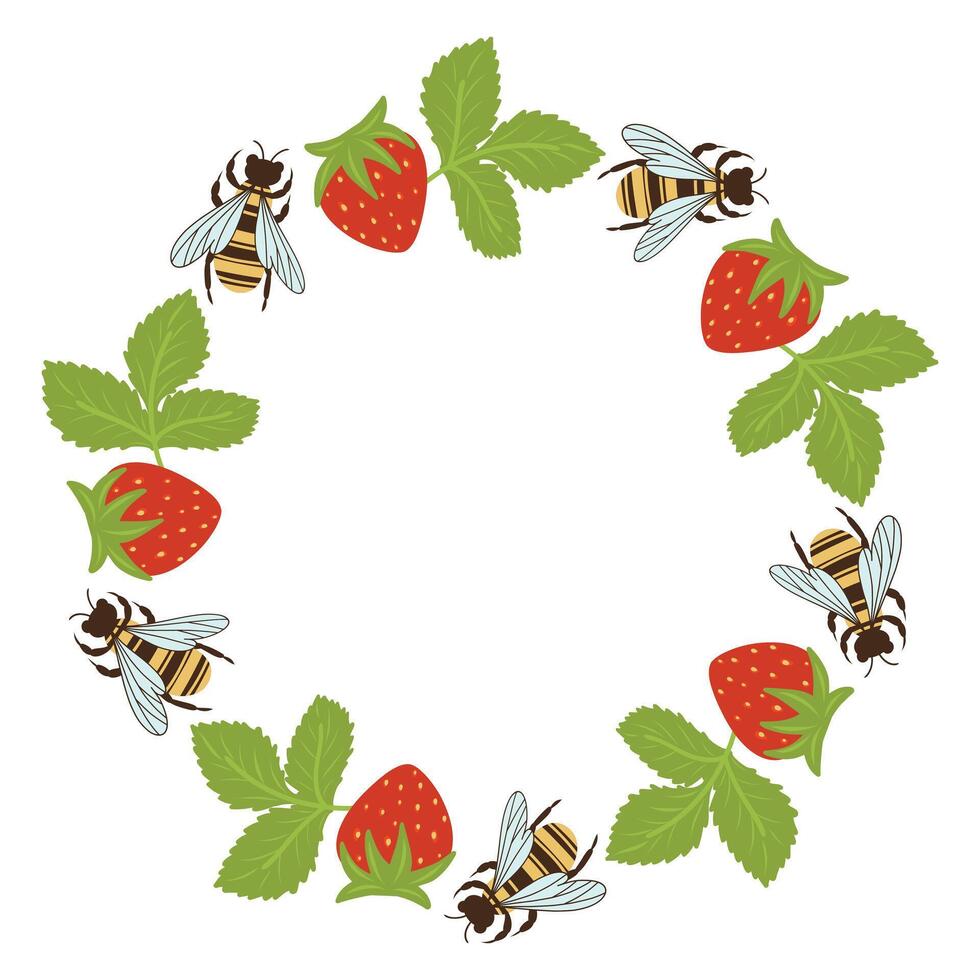 Strawberry plant with bees circle frame. Round border made of strawberries. flat wreath isolated on white background vector