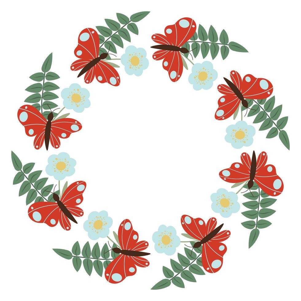 Leaves, flowers and butterflies circle frame. Nature round border made. flat wreath isolated on white background vector
