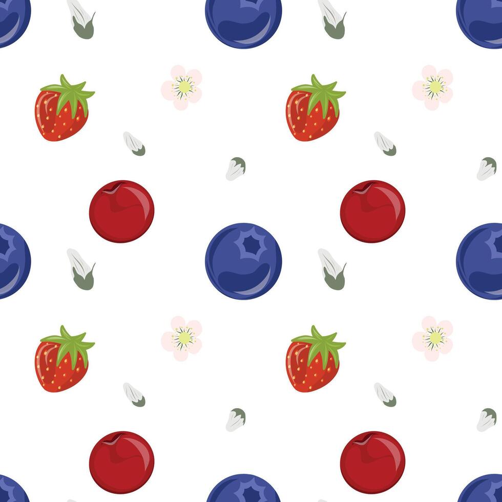 Seamless pattern with cherry, shadberry and strawberries on a white background. Abstract and minimalist berries pattern. vector