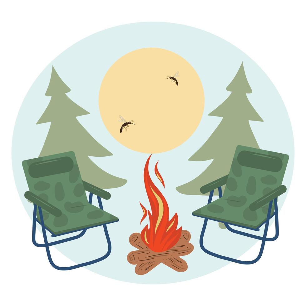 Camping circle composition. Pine, moon, mosquito, folding chair, campfire. Camping round icon vector