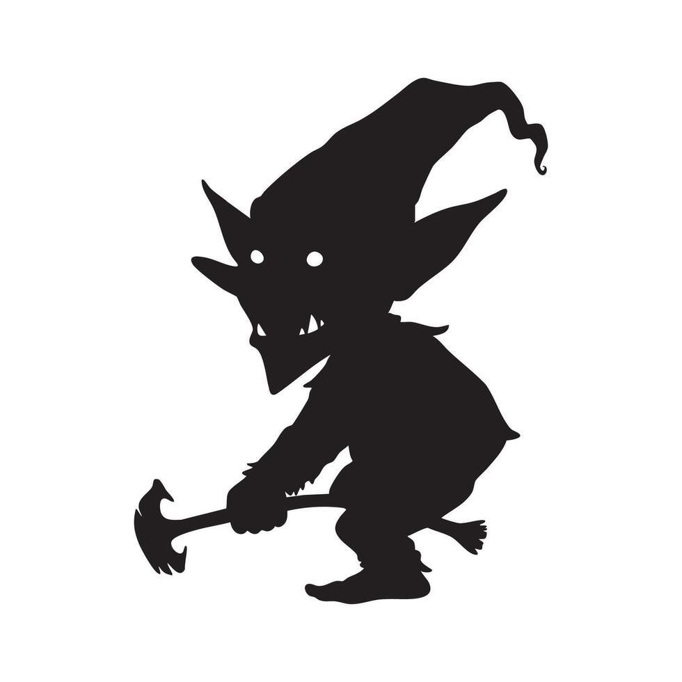 Black silhouette of a goblin character holding a hammer isolated on white background silhouette vector