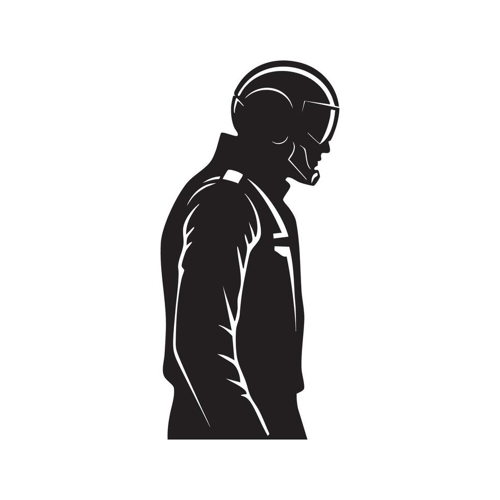 Man in futuristic helmet and jacket silhouette isolated on white background vector
