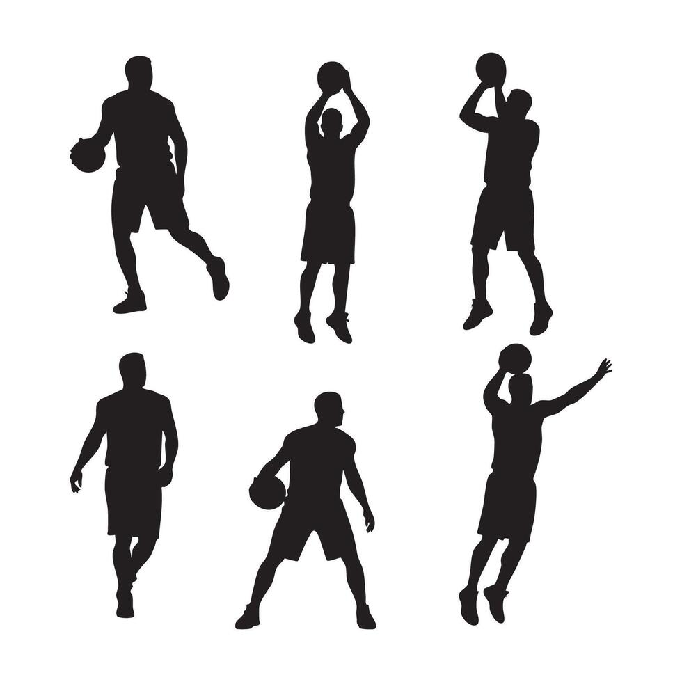 Collection of basketball player poses silhouette isolated on white background vector