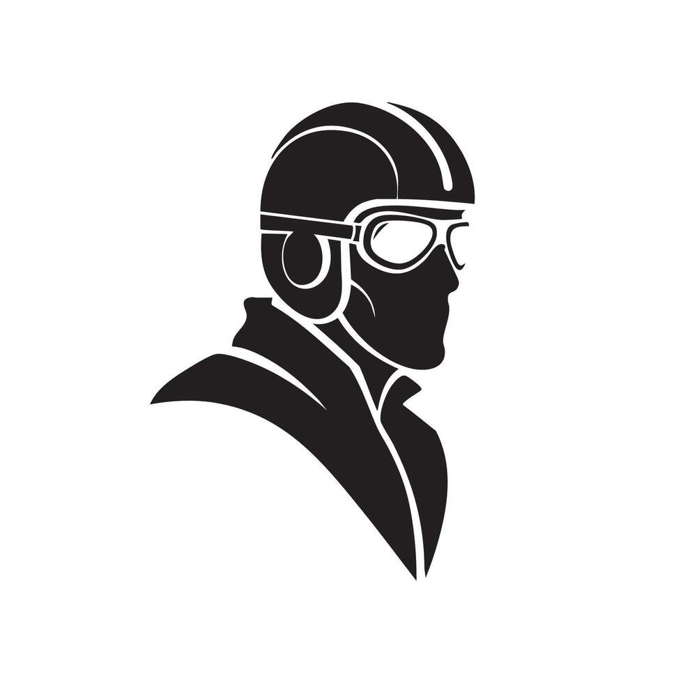 Retro pilot head with goggles and helmet silhouette isolated on white background vector