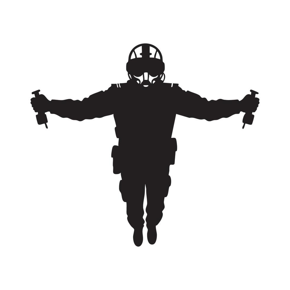 Astronaut holding joysticks in a flying pose silhouette isolated on white background vector
