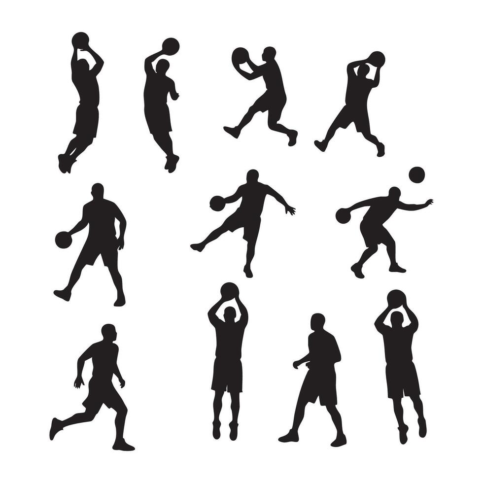 Collection of basketball player silhouettes in action isolated on white background silhouette vector