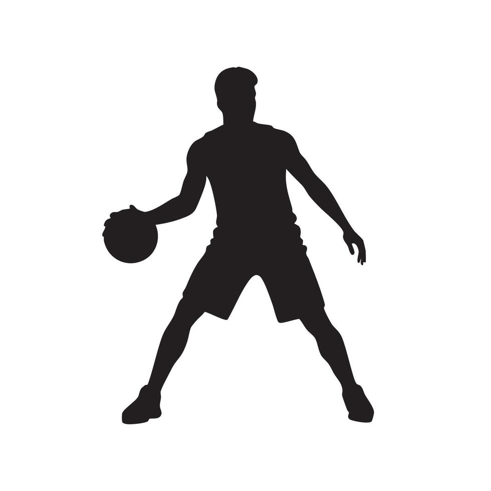 Black silhouette of a basketball player dribbling a ball isolated on white background silhouette vector