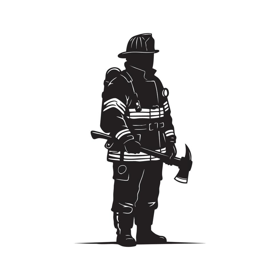 Firefighter holding axe silhouette isolated on white background vector