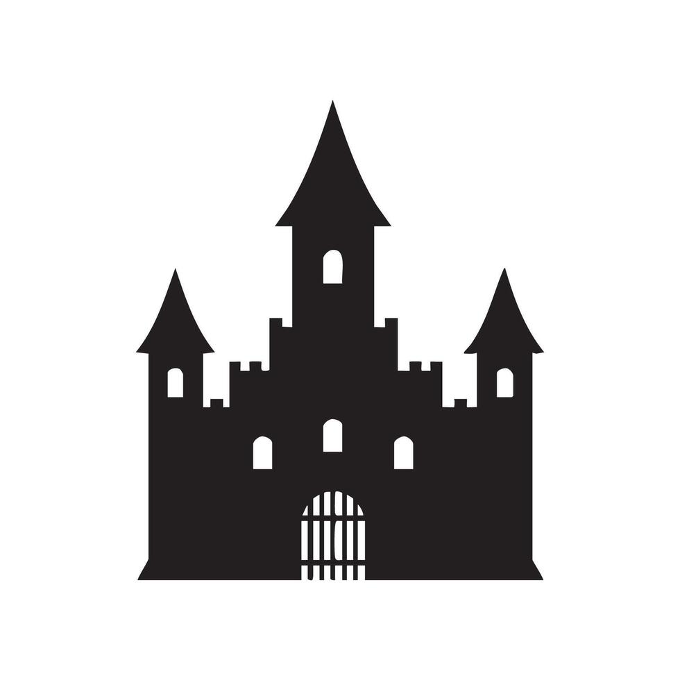 Black silhouette of a medieval castle with towers and a gate isolated on white background silhouette vector
