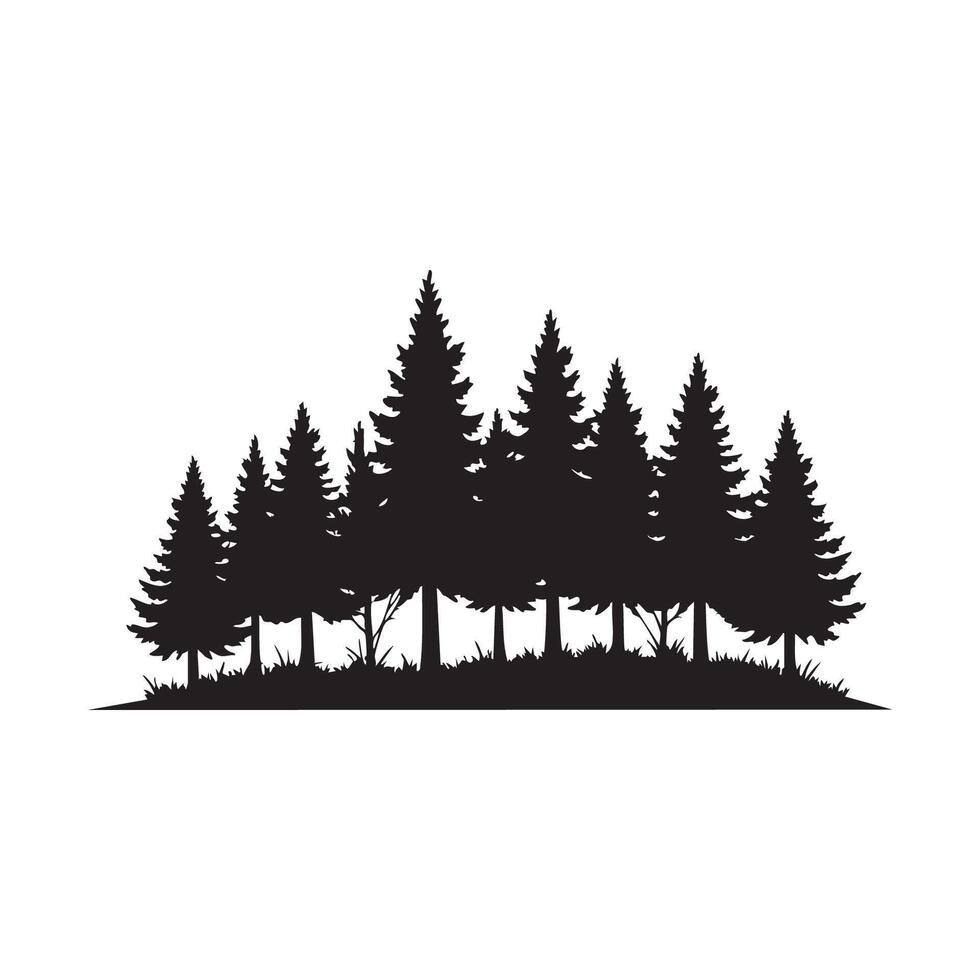 A dense forest of pine trees in a black silhouette isolated on white background silhouette vector
