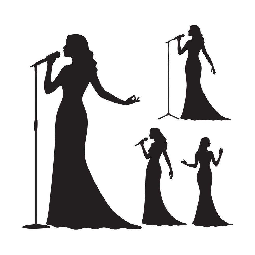 Elegant female singer performing with microphone silhouette isolated on white background vector