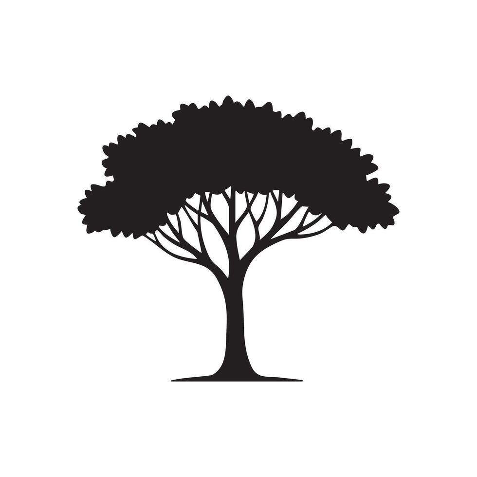 Black silhouette of a leafy tree with spreading branches isolated on white background silhouette vector