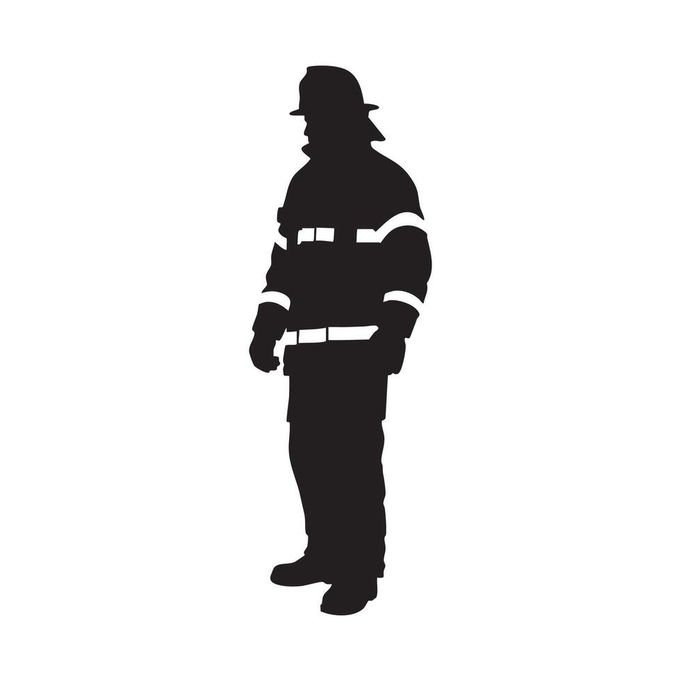 Black silhouette of a firefighter in protective gear standing isolated on white background silhouette vector