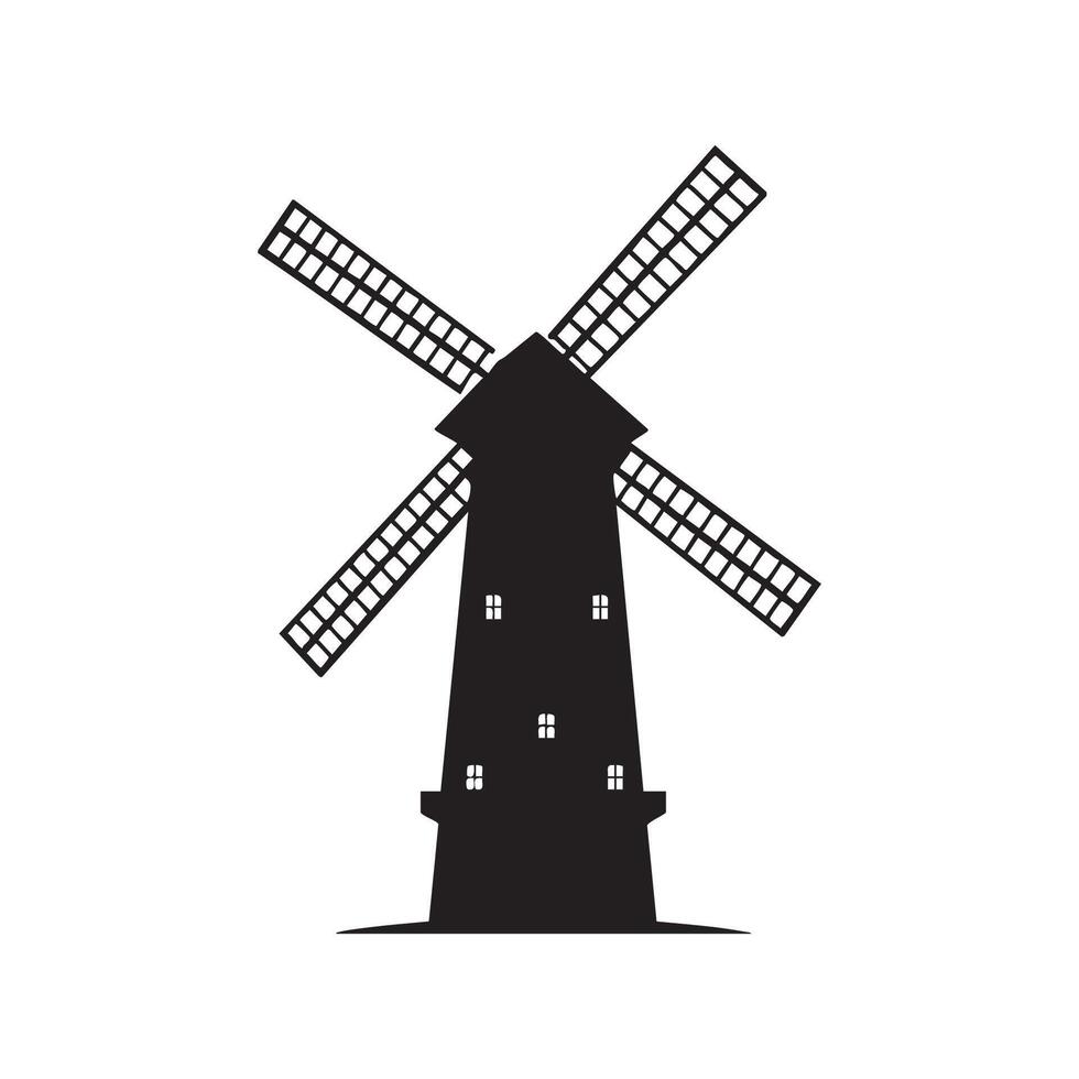Traditional windmill with four blades silhouette isolated on white background vector