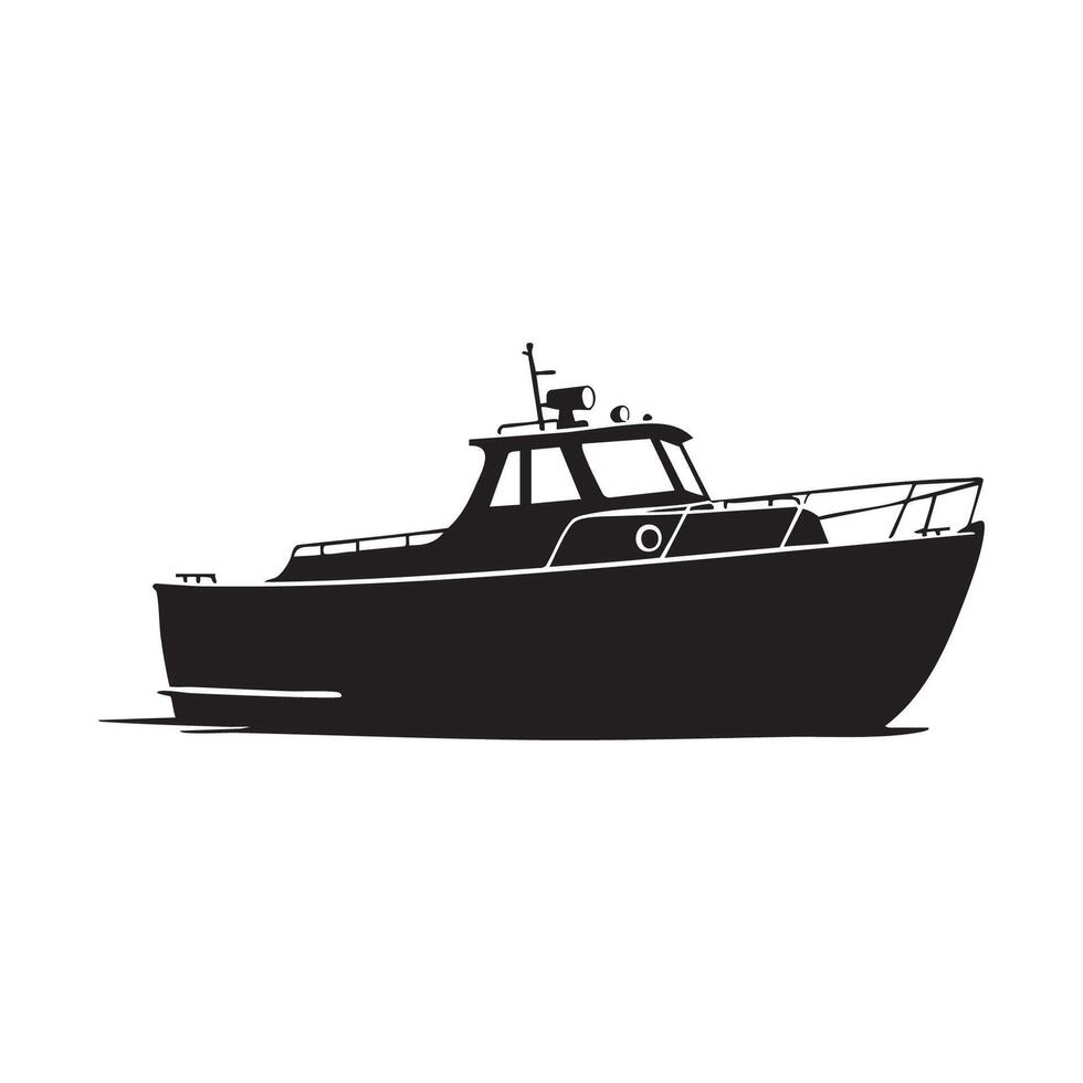 Black silhouette of a motor yacht with a cabin isolated on white background silhouette vector