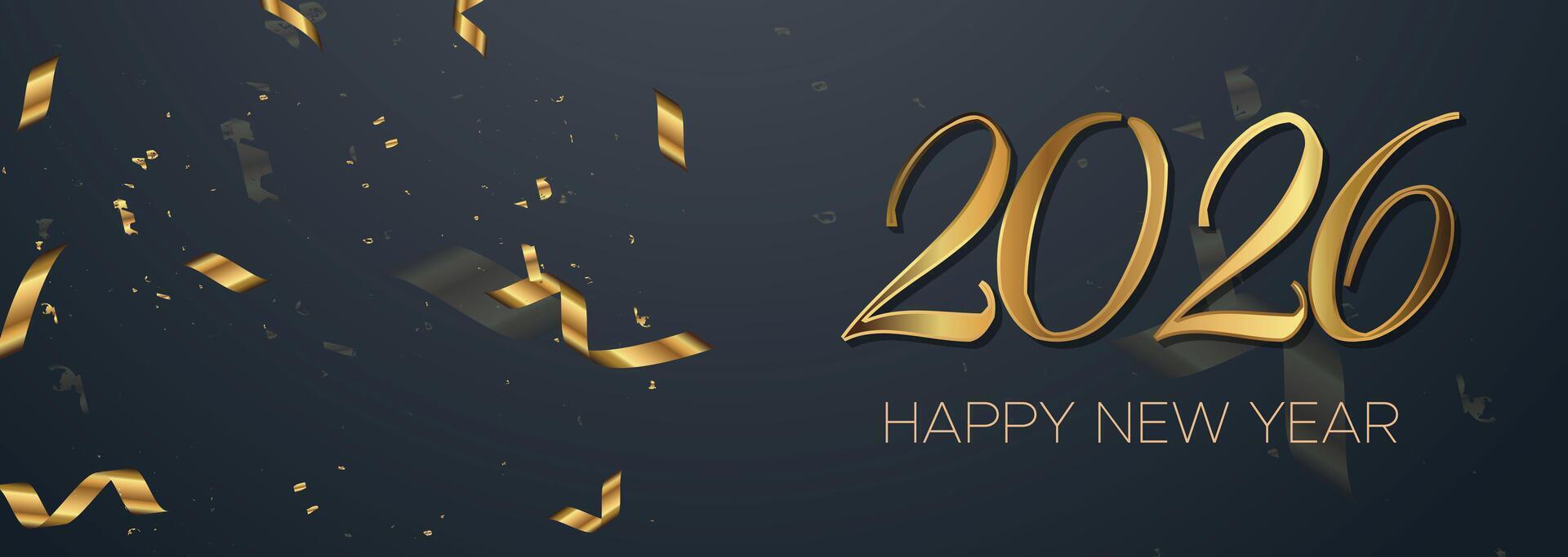 Luxe Gold 2026 Banner with Confetti Background for Exclusive Holiday Promotions vector