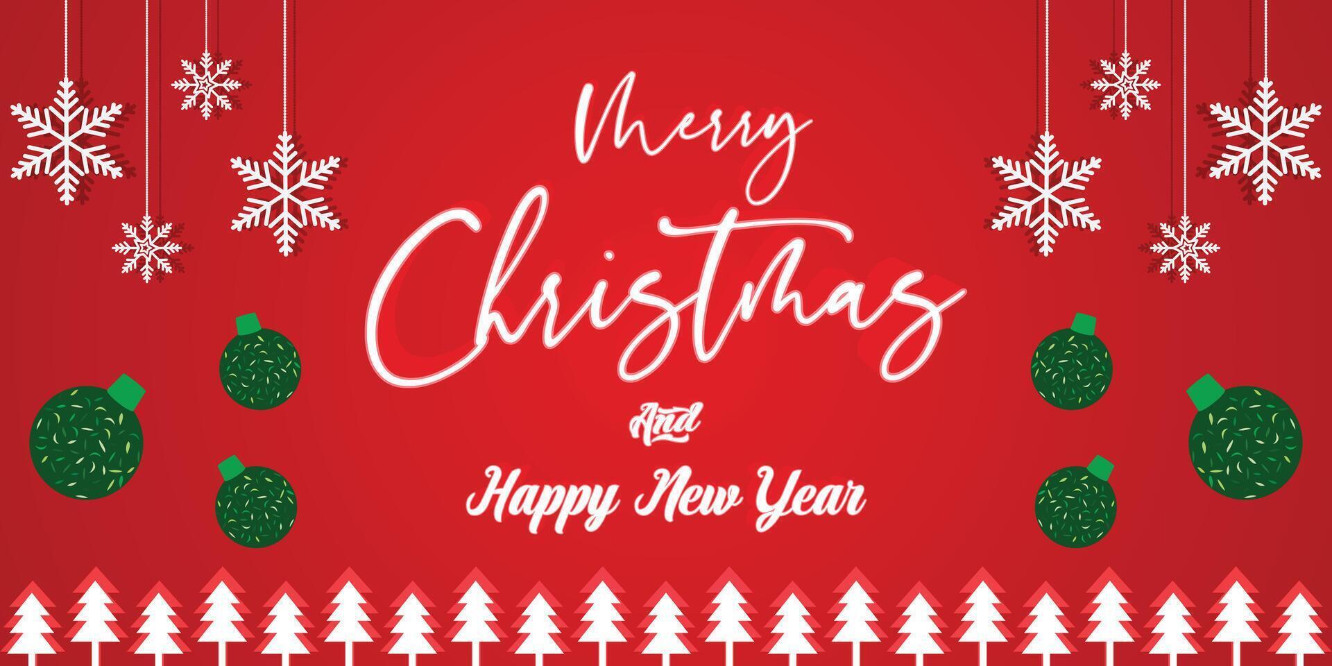 Red Christmas greeting banner with hanging ornaments and snowflake border frame vector