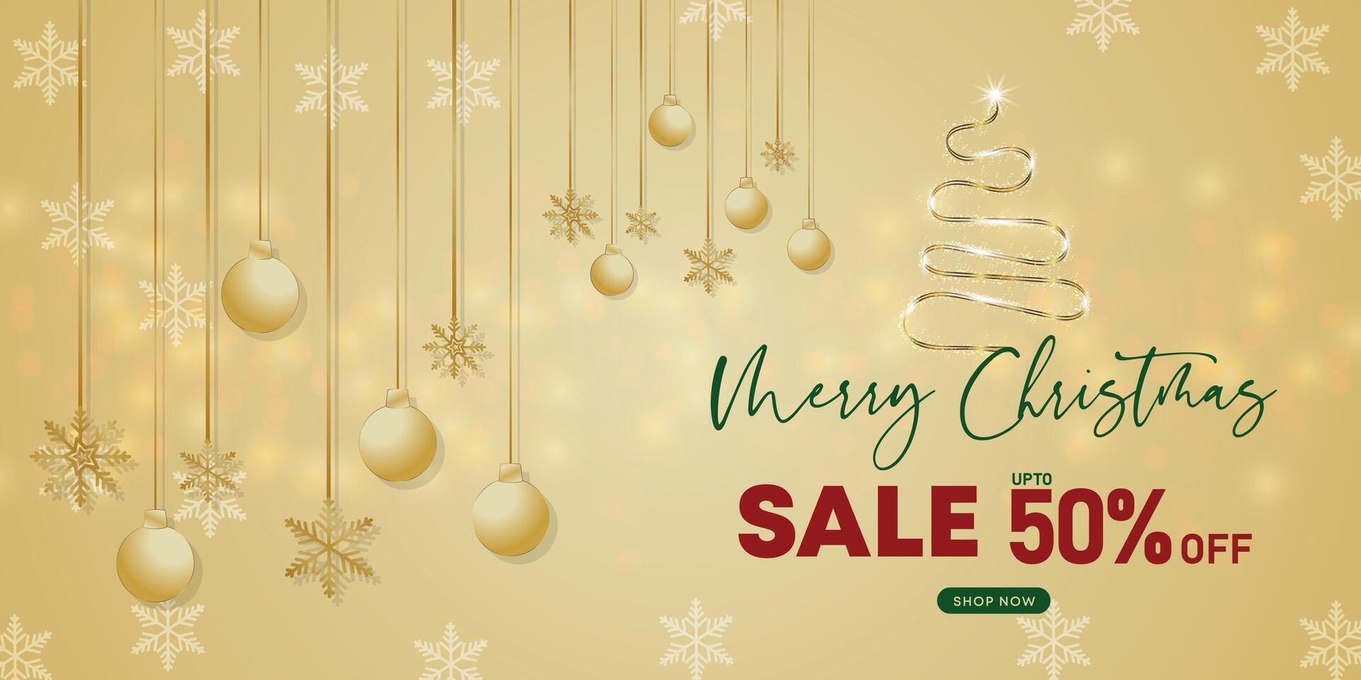 Elegant golden Christmas sale banner with hanging baubles and minimal festive tree outline design vector
