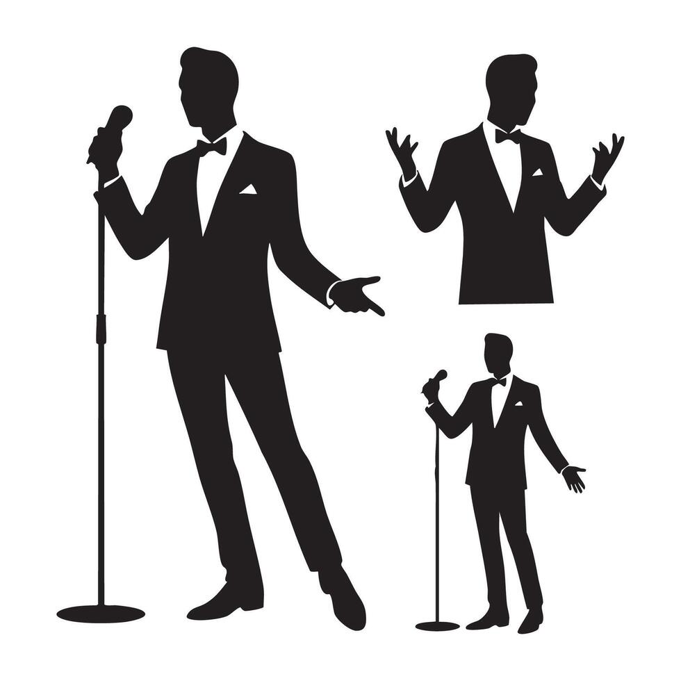 Singer in tuxedo silhouette with microphone isolated on white background silhouette vector