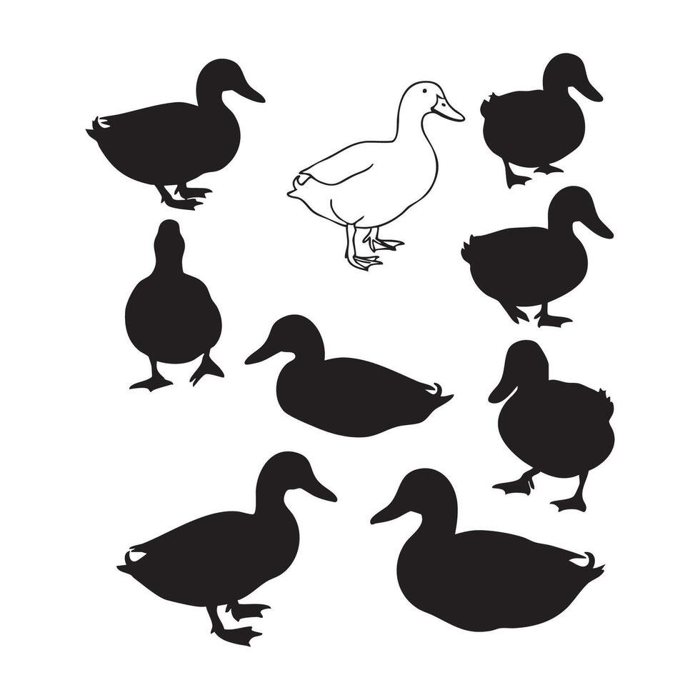 Collection of duck silhouettes and one line drawing duck isolated on white background silhouette vector