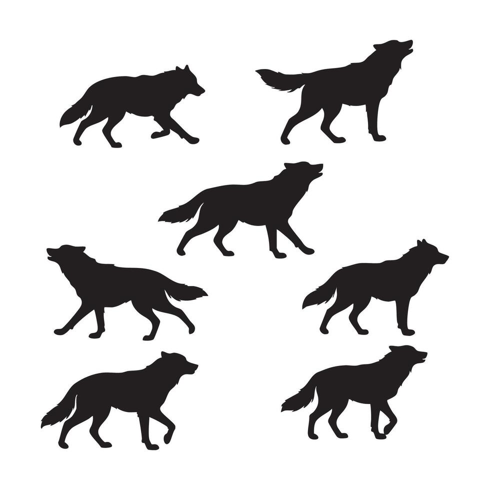 Collection of wolf silhouettes in various poses isolated on white background silhouette vector