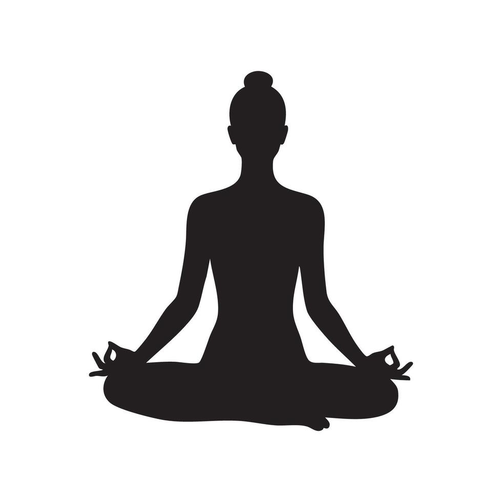 Black silhouette of a person meditating in lotus pose isolated on white background silhouette vector