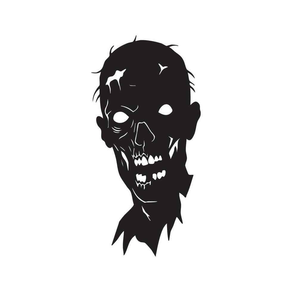 Creepy zombie head silhouette with glowing eyes isolated on white background silhouette vector