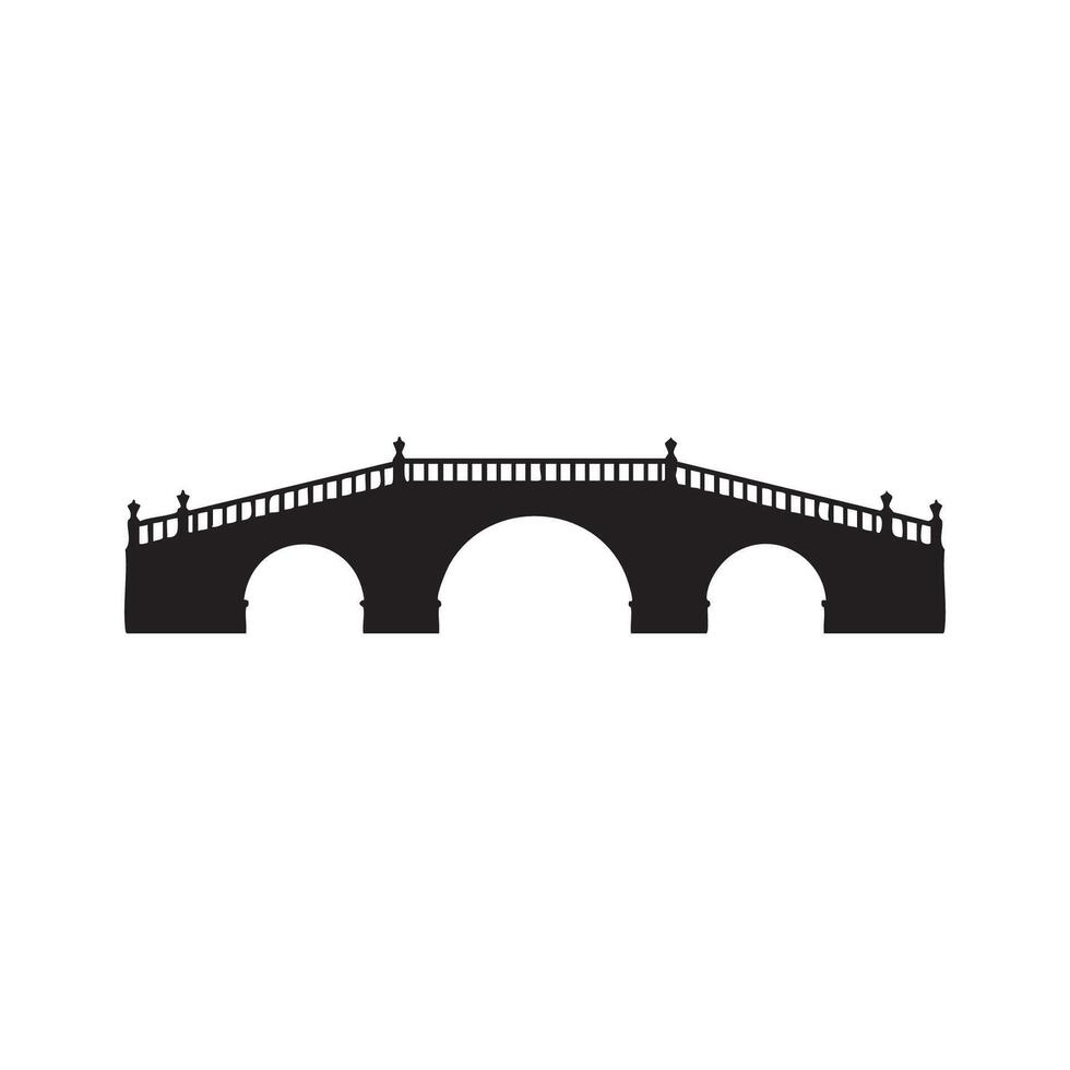 Elegant arched stone bridge with decorative railings silhouette isolated on white background vector
