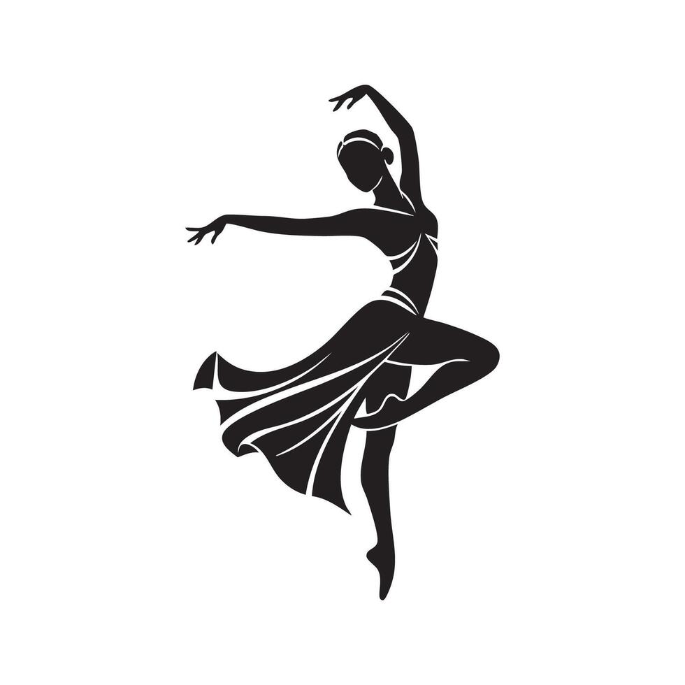 Graceful female dancer in a flowing dress performing a ballet pose silhouette isolated on white background vector