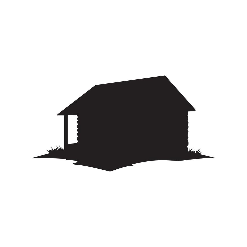 Simple log cabin silhouette with grass isolated on white background vector