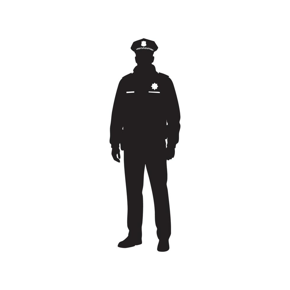 Silhouette of a police officer standing with badge isolated on white background silhouette vector