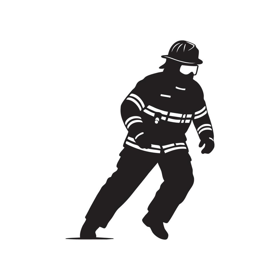 Black silhouette of a firefighter in protective gear running isolated on white background silhouette vector