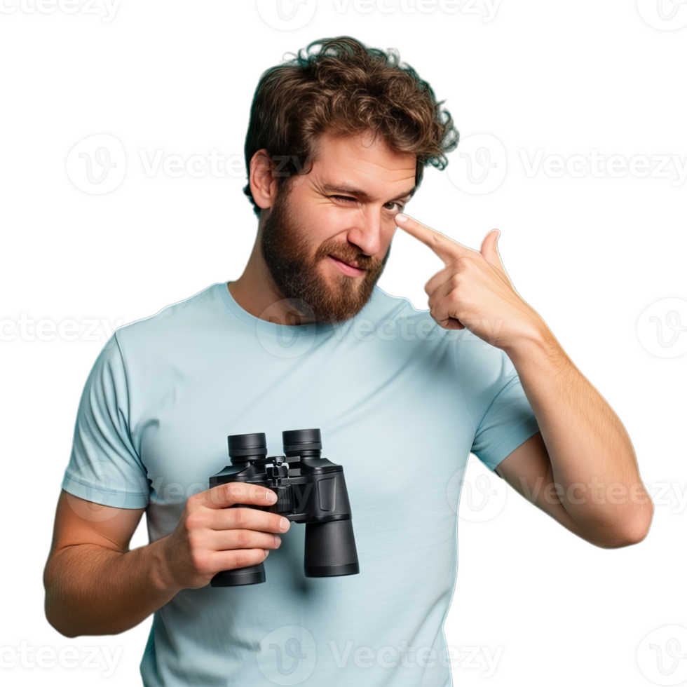 Bearded Man Holding Binoculars Pointing Eye Winking on Transparent Background png