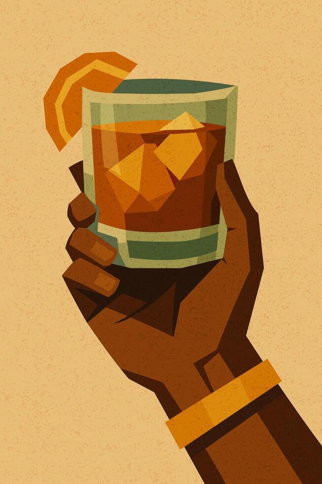 Old fashioned cocktail with orange and ice in dark-skinned hand vector